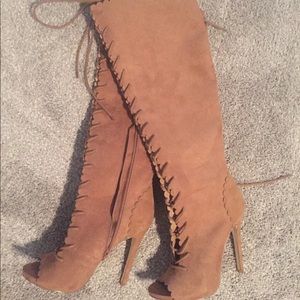 Tan over knee peep toe boots!!